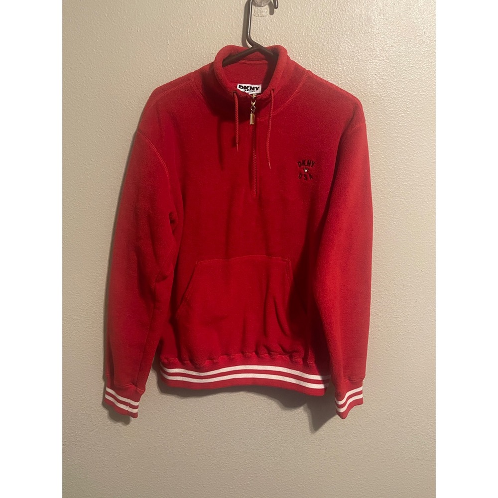 Vintage DKNY Jeans Mens Red Fleece 1/4 Zip Pullover Sweatshirt Size L Made USA